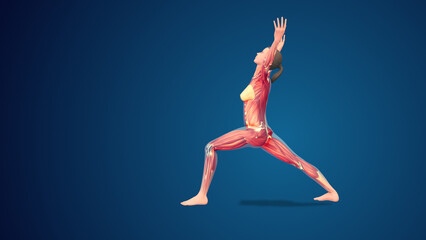 Fototapeta na wymiar 3D human Virabhadrasana I yoga pose on blue background