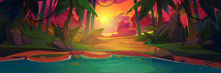 Sunset tropical jungle forest swamp or lake cartoon natural landscape. Game background with blue water pond, palm trees, rocks and dusk sunlight falling on ground. Wild rainforest vector illustration