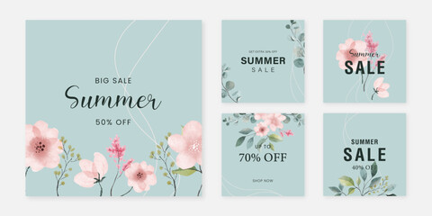 Summer sale floral templates for social media posts, web banners, shopping ads. Wedding, cosmetics, beauty concept.
