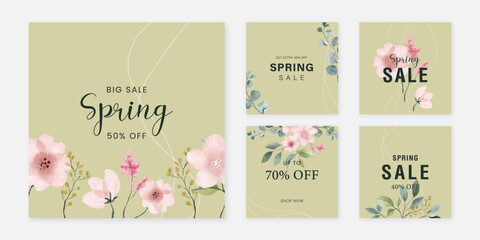 Spring sale templates with floral elements for social media posts, shopping ads, marketing material. Vector design for beauty, cosmetics, wedding, floristic.