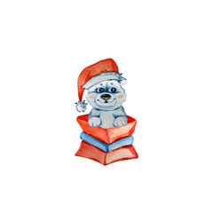 Christmas illustration with hand drawn watercolor cute christmas polar bear in gift box and wearing santa claus hat. Gift. Ideal for t-shirt logo, greeting card, poster, invitation or print design