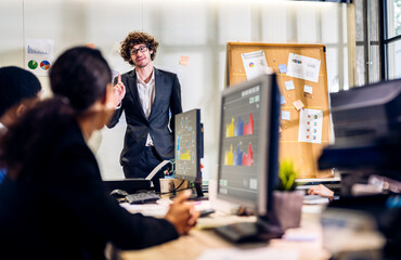 Group of business meeting and discussing strategy with startup project analysis finance process.Success business people plan and brainstorm marketing idea with document in office.Teamwork