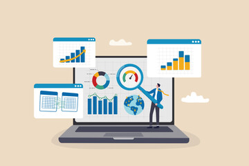 Market research data analysis, analyze business data or financial report, SEO analytics or profit and earning concept, businessman analyst with magnifying glass analyze data on computer laptop.