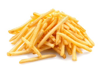pile of french fries in close-up isolated on white background with shadow