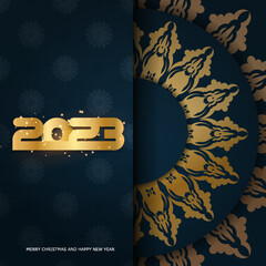 Blue and gold color. 2023 happy new year holiday poster.