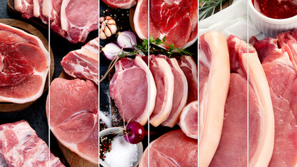 Collage of raw pork meat assortment.