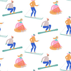 Seamless pattern with people involved in winter sports