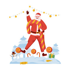 Santa claus with Christmas candy cone flat illustration