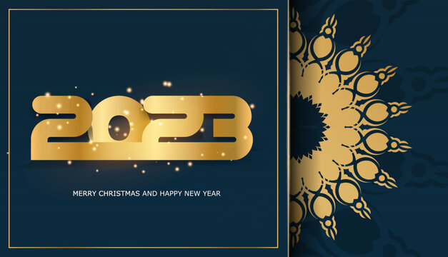 2023 happy new year greeting poster. Blue and gold color.