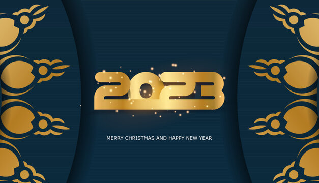 2023 happy new year greeting poster. Blue and gold color.