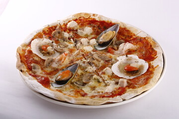 Seafood flavored pizza with actual shellfish on it