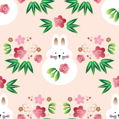Fototapeta na wymiar Awesome seamless pattern with cute rabbits, flowers, Daruma Happy japanese new year, 20023 - year of the Rabbit. Vector hand drawn illustration.