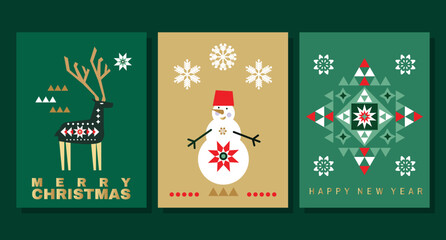 Merry Christmas  and Happy New Year Christmas  decoration   Holiday winter background  Vintage template design with  deer, tree, ball-toy, snowflake,   Vector  illustration