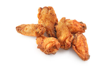 Breaded chicken drumstick, leg, wing and breast tenders strips on white background with shadow