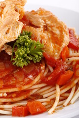 Closeup of chicken pasta with tomato chunks