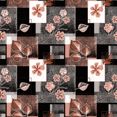 Seamless patchwork floral pattern. Orange flowers and leaves on a gray and black background.  - obrazy, fototapety, plakaty