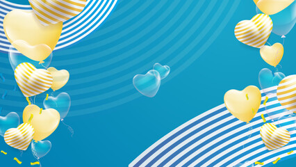 Blue gold pink Valentine christmas new year 3d design background with love heart shaped balloon. Vector illustration, greeting banner, card, wallpaper, flyer, poster, brochure, wedding invitation