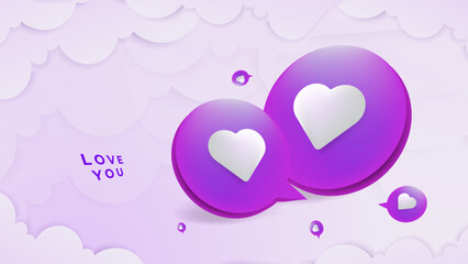 Purple and white Valentine christmas new year 3d design background with love heart shaped balloon. Vector illustration, greeting banner, card, wallpaper, flyer, poster, brochure, wedding invitation