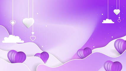 Purple and white Valentine christmas new year 3d design background with love heart shaped balloon. Vector illustration, greeting banner, card, wallpaper, flyer, poster, brochure, wedding invitation