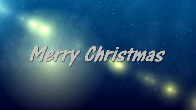 Video card Merry Christmas. Spectacular inscription and credits on a blue background, with white particles. Congratulatory inscription for the New Year holidays. Video 4k, 3D.