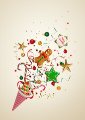 New Year and Christmas concept with Christmas cookies, festive winter decorations and confetti. Holiday banner.