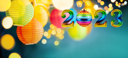 Happy New Year 2023. Christmas or New Year composition with rainbow numbers and Christmas rainbow...