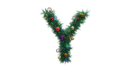 Capital letter Y from Christmas tree twigs with decorations on transparent background. Christmas alphabet. Letters from Christmas tree branches with decorations. 3d illustration
