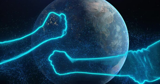 Best friend handshake in space among planet zoom in earth rotating, stars, two blue fists bumping . Abstraction, 3d render, neon glowing lines and particles. Concept of teamwork, friendship, greetings