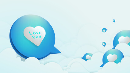 Blue pink and white Valentine christmas new year 3d design background with love heart shaped balloon. Vector illustration, greeting banner, card, wallpaper, flyer, poster, brochure, wedding invitation