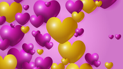 Purple gold and white Valentine christmas new year 3d design background with love heart shaped balloon. Vector illustration, greeting banner, card, wallpaper, flyer, poster, brochure, wedding