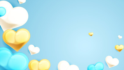 Blue gold and white Valentine christmas new year 3d design background with love heart shaped balloon. Vector illustration, greeting banner, card, wallpaper, flyer, poster, brochure, wedding