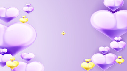 Purple gold and white Valentine christmas new year 3d design background with love heart shaped balloon. Vector illustration, greeting banner, card, wallpaper, flyer, poster, brochure, wedding