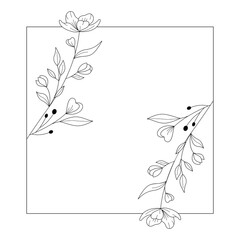 Floral and square hand drawn style. Floral black and white frame of twigs, leaves and flowers. Frames for the Valentine's day, wedding decor, logo and identity template.