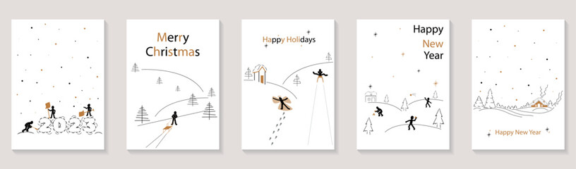 Merry Christmas and Happy New Year 2023 brochure covers set. Xmas minimal banner design with people doing seasonal fun activities in white snow. Vector illustration for flyer, poster or greeting card.