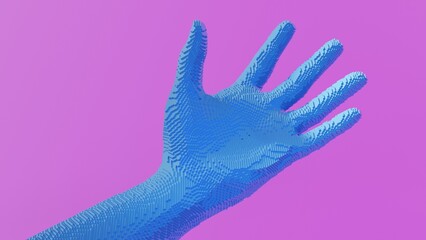 Giving hand in abstract metaverse. 3d illustration. Voxel hand showing gesture.