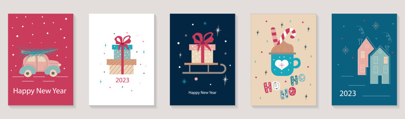 Merry Christmas and Happy New Year 2023 brochure covers set. Xmas minimal banner design with holiday tree at car, gifts, cacao cup, cute homes. Vector illustration for flyer, poster or greeting card.