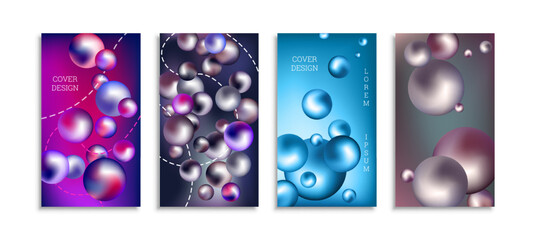 Flying metal balls. Set of 4 cover designs, creative background
