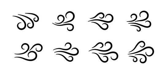 Hand drawn wind air flow icon set. Free breath symbol. Fresh air flow sign. Doodle wind blow icons collection. Weather symbol. Climate design element. Vector illustration isolated on white background. - obrazy, fototapety, plakaty