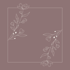 Floral and square hand drawn style. Floral brown frame of twigs, leaves and flowers. Frames for the Valentine's day, wedding decor, logo and identity template.