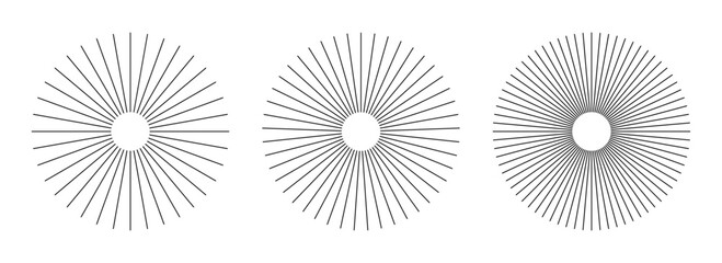 Radial circle lines. Circular radiating lines geometric element. Sun star rays symbol. Abstract geometric shapes. Design element. Vector illustration isolated on white background.