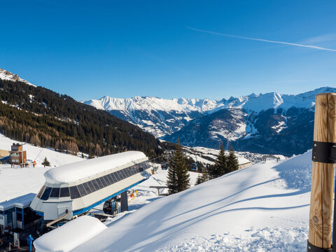 Slope view with funicular in winter in resort Ladis, Fiss, Serfaus in ski resort in Tyrol.