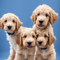 Goldendoodle puppies shot in a studio with light blue background