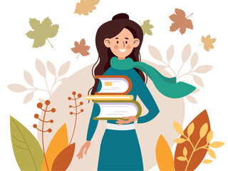 Positive student with books on a background of leaves. Fashionable vector illustration
