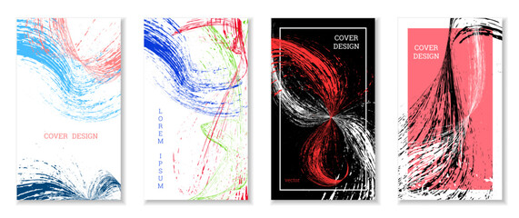 Drawn strokes, waves. Abstract cover. Set of 4 covers, vector.