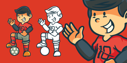 Hand drawn Children cartoon activities as a football player isolated on red background.