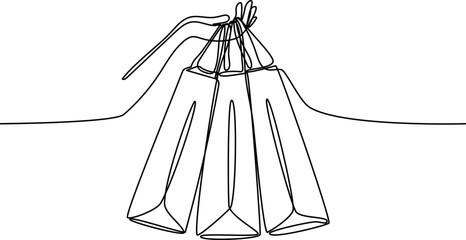 Hand holding paper shopping bags continuous line drawing
