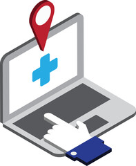 laptop and hospital illustration in 3D isometric style