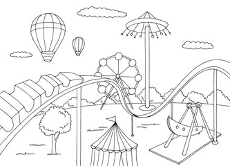 Amusement park landscape graphic black white sketch illustration vector  - 545859917
