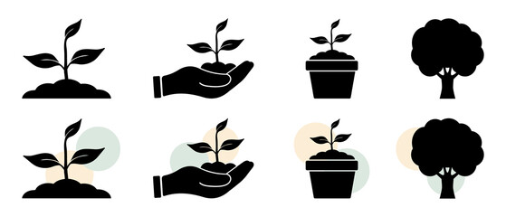 Different Isolated Plant Icons Set Illustrations With Tree, Pot And Open Hand