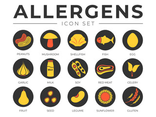 Black Colorful Allergens Icon Set. Allergens, Mushroom, Shellfish, Fish, Egg, Garlic, Milk, Soy Meat, Celery, Fruit, Seed, Legume and Sunflower Gluten Allergy Icons